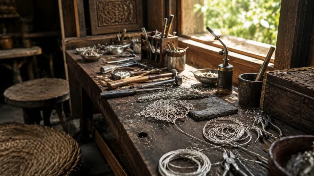 Hand-shaped filigree silver wire on a workbench representing Kotagede silver craftsmanship