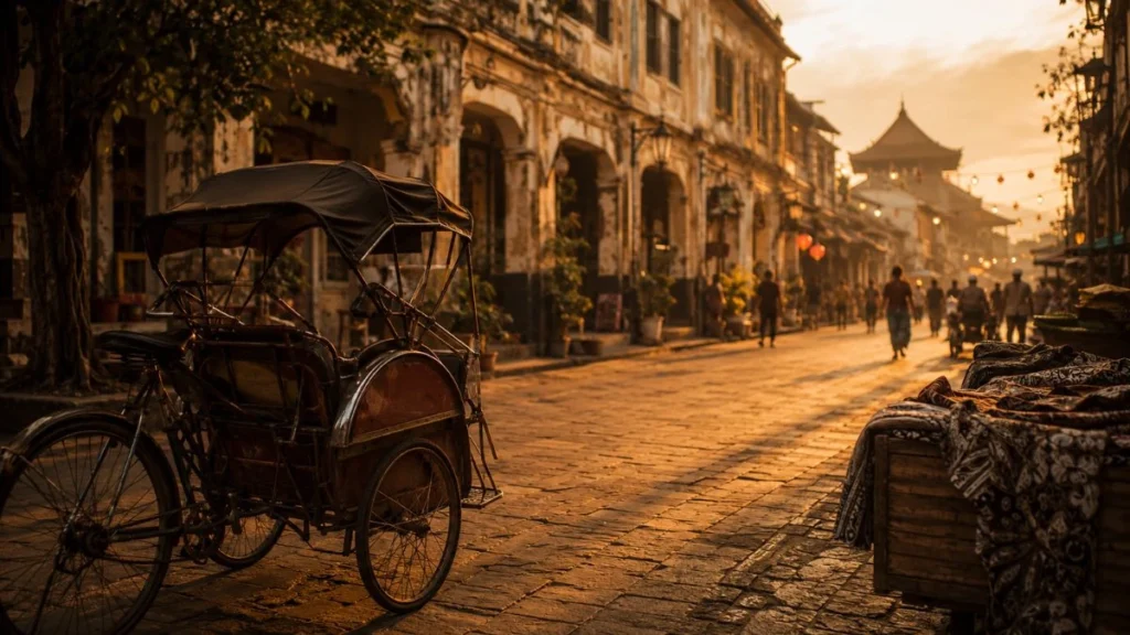 Becak and traditional Javanese street scene representing things to do in Yogyakarta at golden hour
