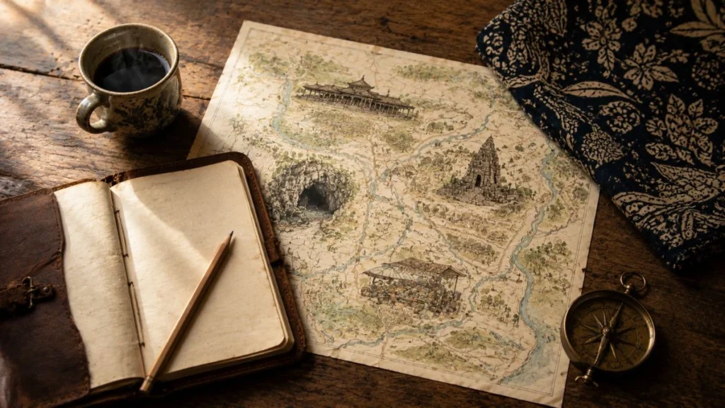 Travel journal and illustrated map planning a 3 days in Yogyakarta itinerary on a wooden table