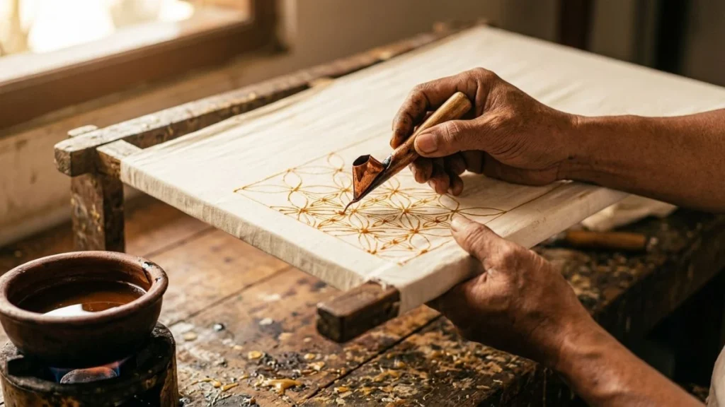 Batik Yogyakarta artisan drawing wax lines with a canting tool on white fabric in a traditional workshop