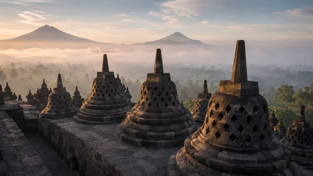 Borobudur from Yogyakarta morning view of stone stupas and volcanic mountains in morning mist