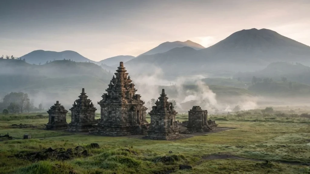 Dieng Plateau from Yogyakarta ancient Hindu temples in volcanic highland landscape with misty mountain backdrop