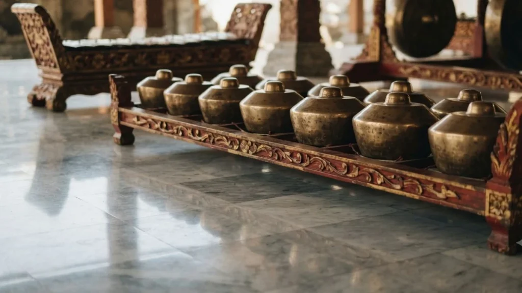 Gamelan music Yogyakarta bronze bonang instruments on carved wooden frame in traditional Kraton pavilion
