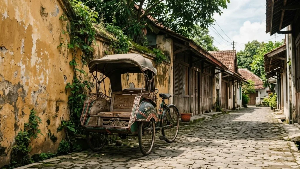 Getting around Yogyakarta by becak in a quiet historic lane near the Kraton neighborhood