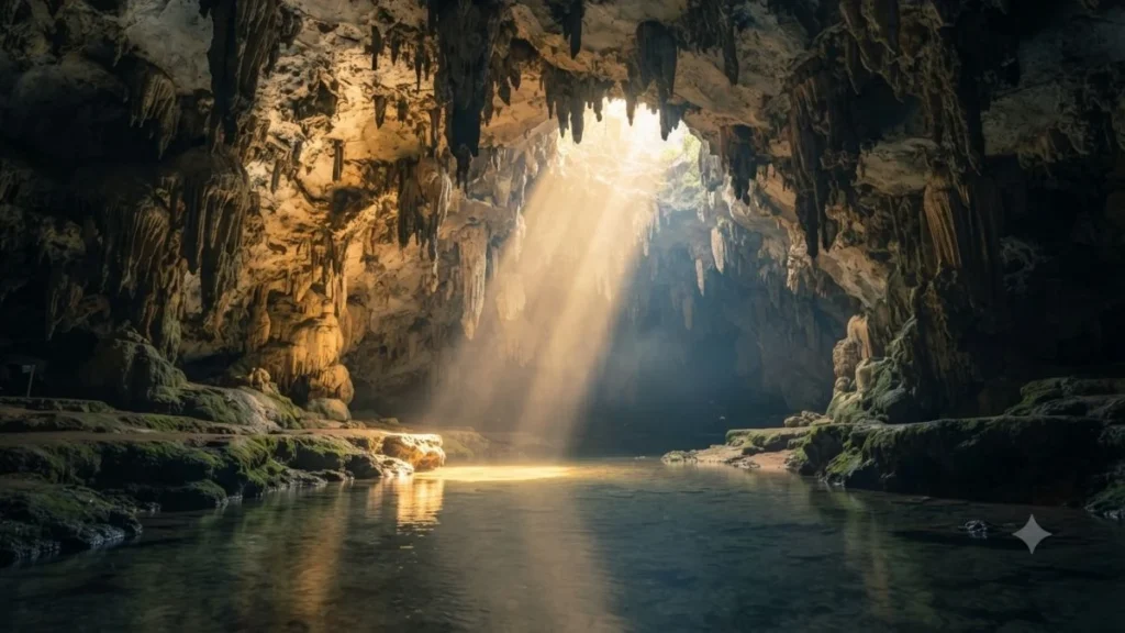Goa Pindul Yogyakarta cave river chamber with stalactites and natural light shaft through cave ceiling