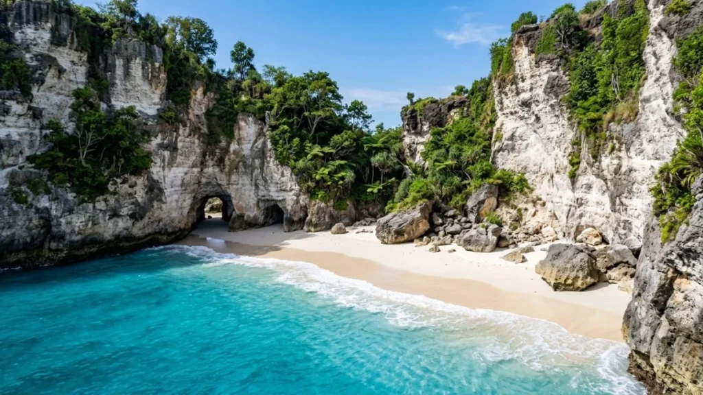 Gunungkidul beaches Yogyakarta limestone cliff cove with turquoise Indian Ocean water and white sand