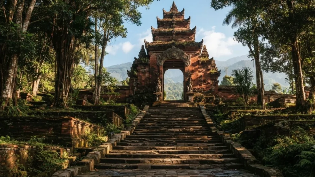 Imogiri Royal Cemetery Yogyakarta ancient brick gateway at top of steep stone staircase on hillside