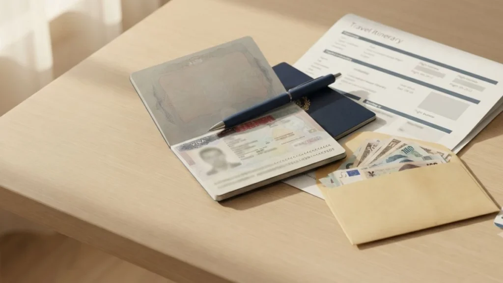Indonesia visa Yogyakarta travel documents passport and itinerary flat lay for trip planning