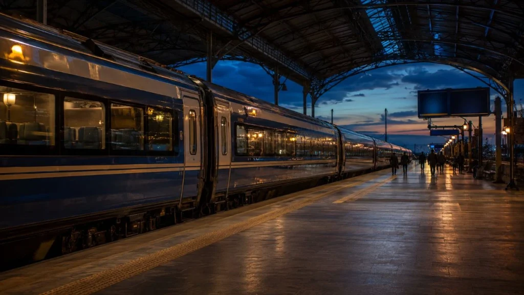 Jakarta to Yogyakarta train at a major Indonesian railway station platform at evening departure