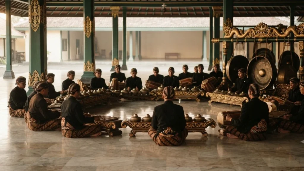 Javanese culture Yogyakarta gamelan musicians in traditional court dress performing inside Kraton pavilion