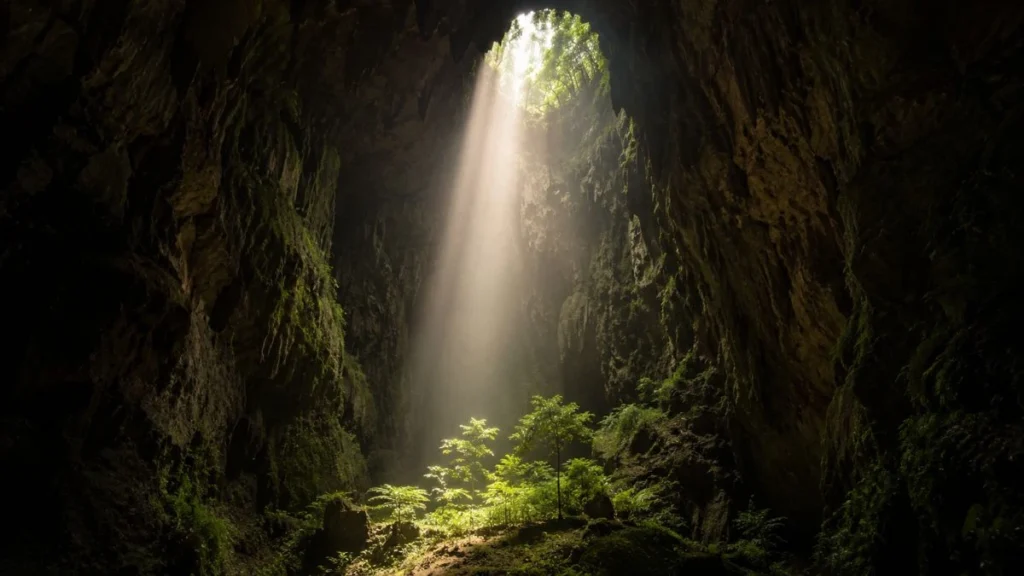 Sunlight beam illuminating the forest floor inside Jomblang Cave in Yogyakarta