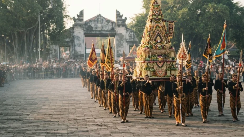 Kraton ceremonies Yogyakarta Grebeg procession with gunungan and palace guards in traditional court dress across the alun-alun