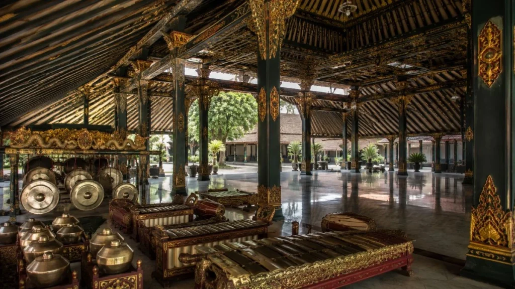 Ornate pavilion and gamelan instruments inside Kraton Yogyakarta palace complex