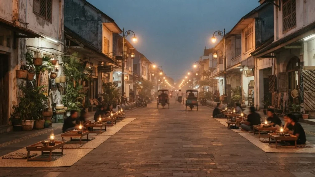 Malioboro Street Yogyakarta evening atmosphere with lesehan dining and traditional shophouse facades lit by lanterns