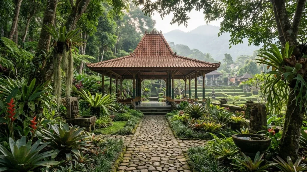 Museum Ullen Sentalu Yogyakarta hillside garden pavilion surrounded by tropical highland vegetation