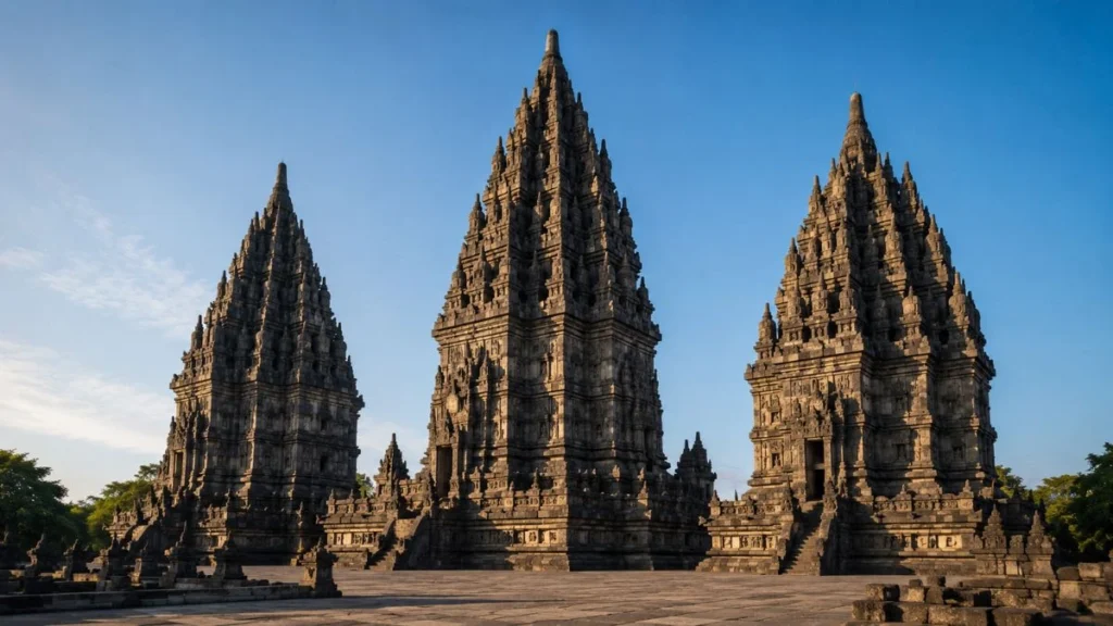 Prambanan Temple Yogyakarta three main Hindu temple spires rising against clear morning sky