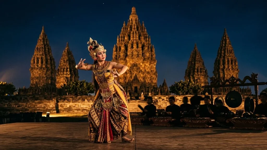 Ramayana Ballet Yogyakarta classical Javanese dancer in costume performing against illuminated Prambanan temple at night