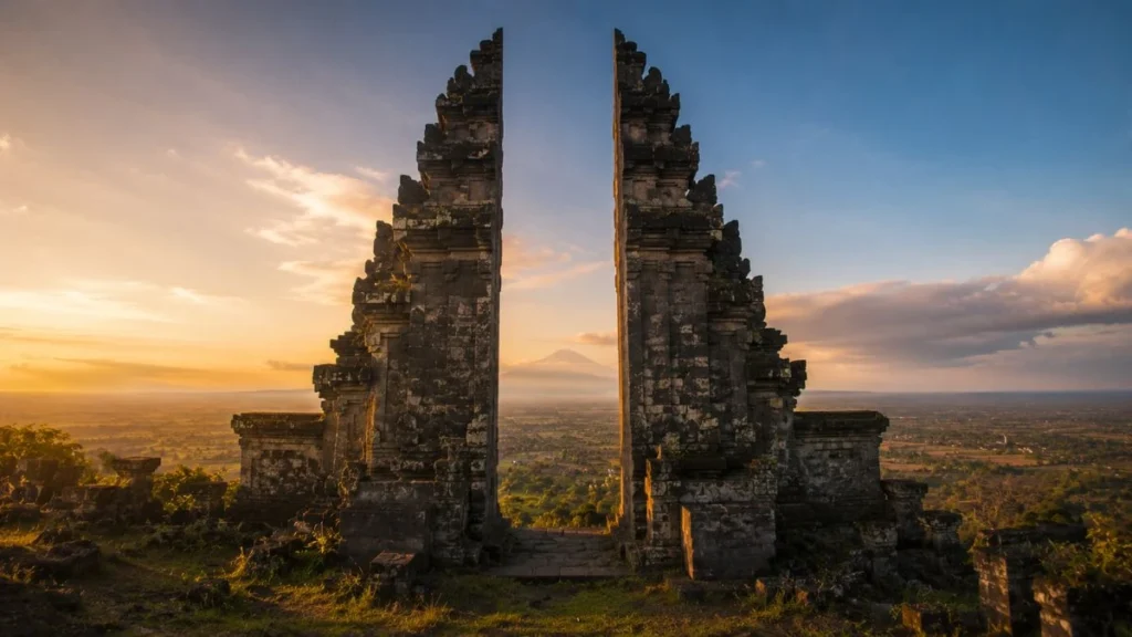 Ancient stone gateway at Ratu Boko hilltop compound in Yogyakarta at late afternoon light