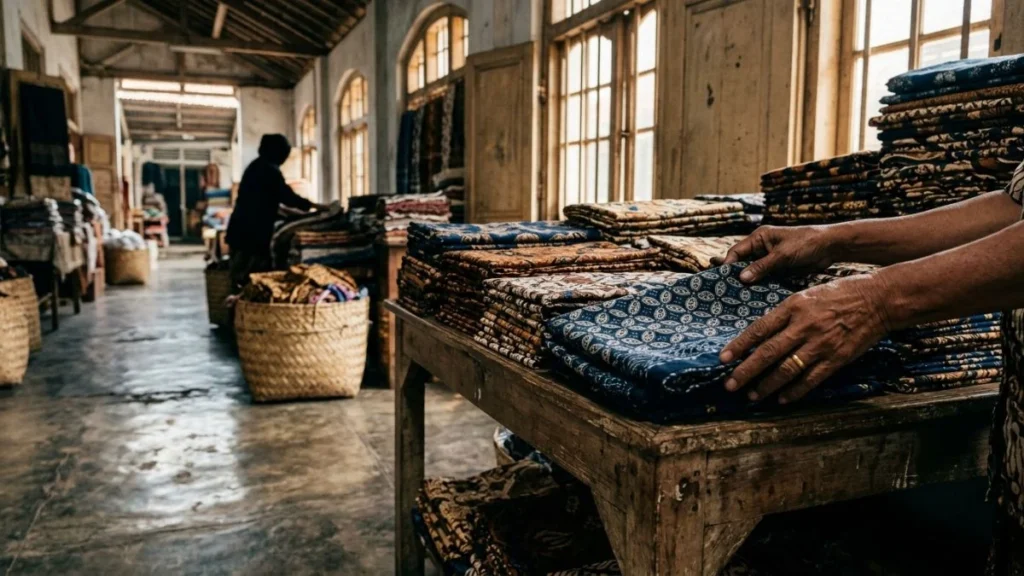 Solo female travel Yogyakarta woman examining batik fabric at a traditional market in morning light