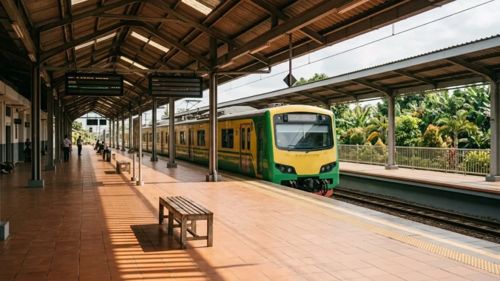 Solo to Yogyakarta commuter train at a Java regional railway station platform in morning light