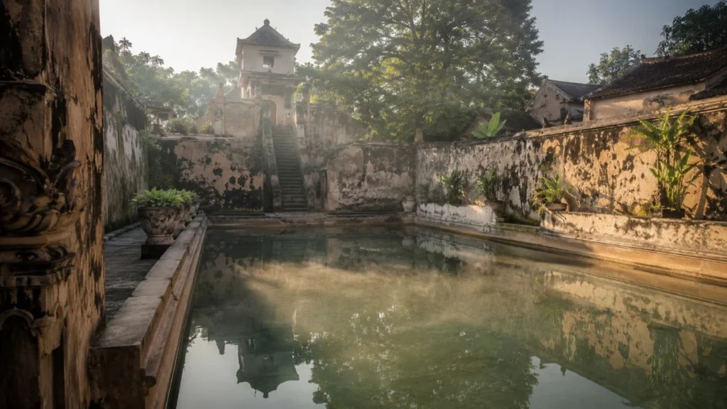 Historic royal pool complex at Taman Sari Water Castle in soft morning light