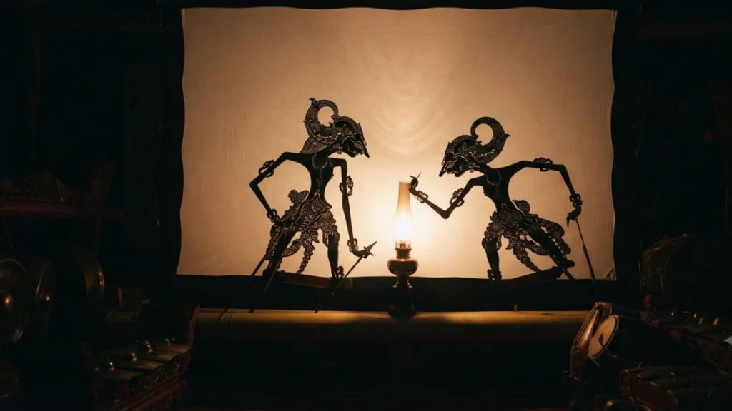 Wayang kulit Yogyakarta shadow puppet silhouettes against glowing white screen in traditional performance