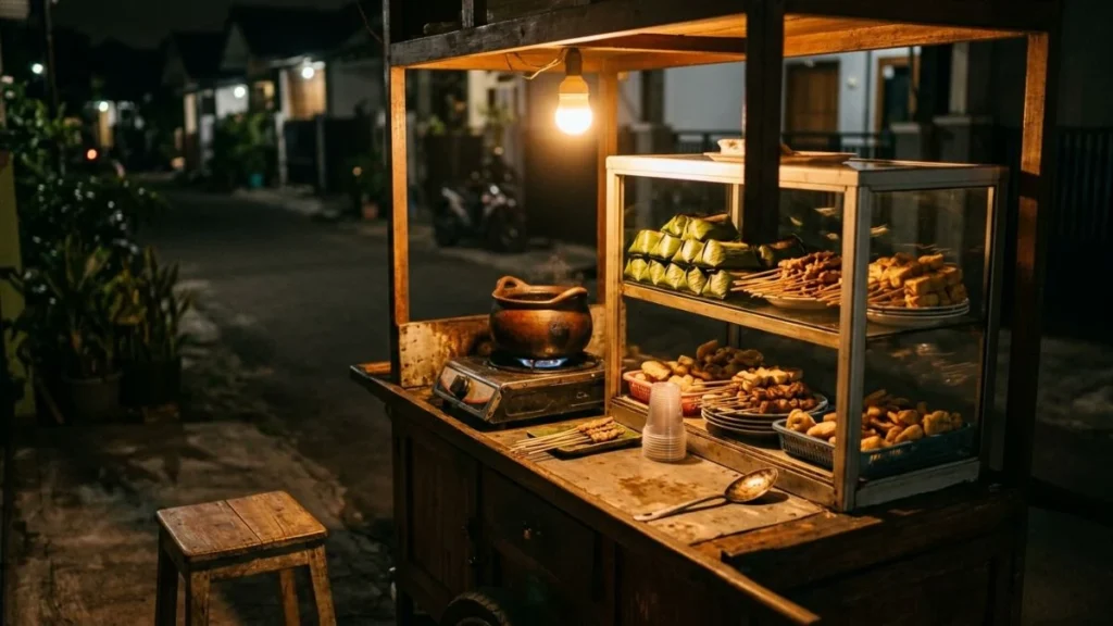 Yogyakarta budget street food angkringan cart with rice parcels and skewers at evening