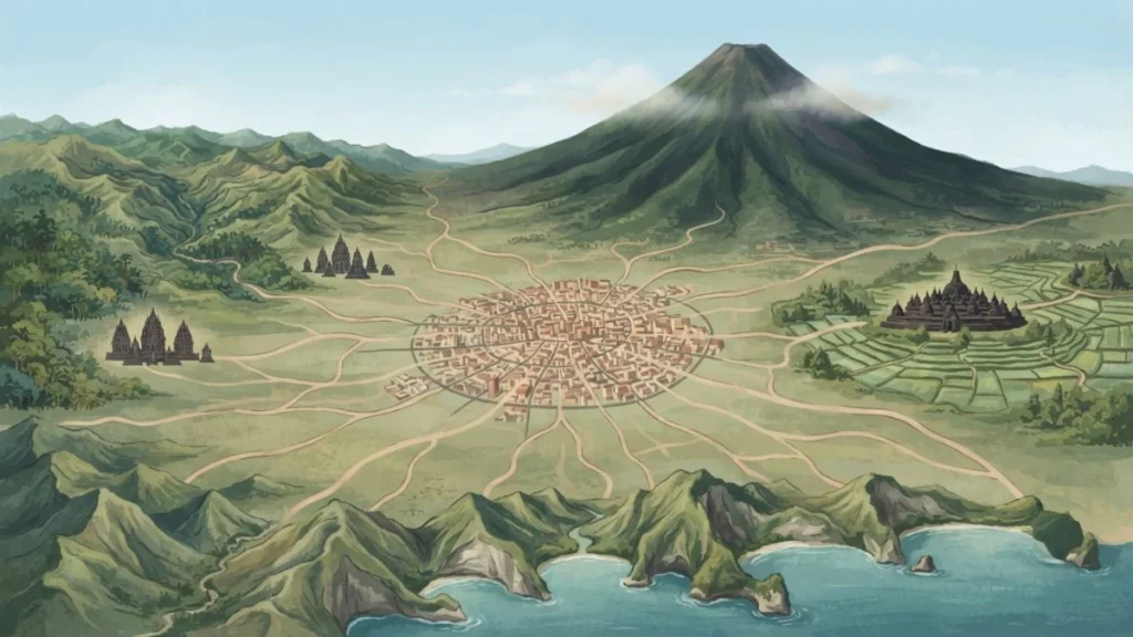 Yogyakarta day trips landscape showing volcanic mountain temples coastline and highland destinations radiating from city center