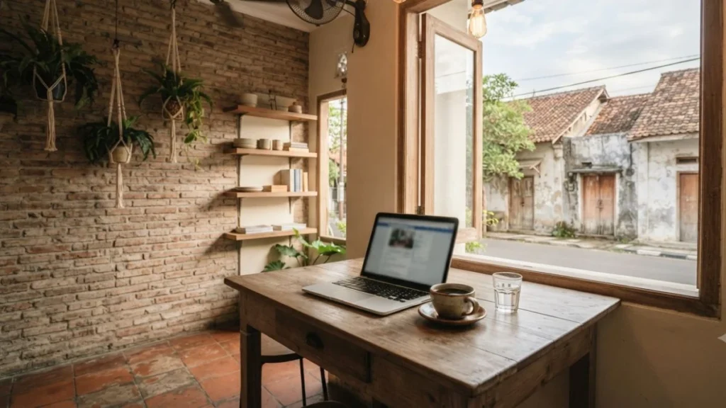 Yogyakarta digital nomad café workspace with laptop and coffee near open window in Prawirotaman neighborhood