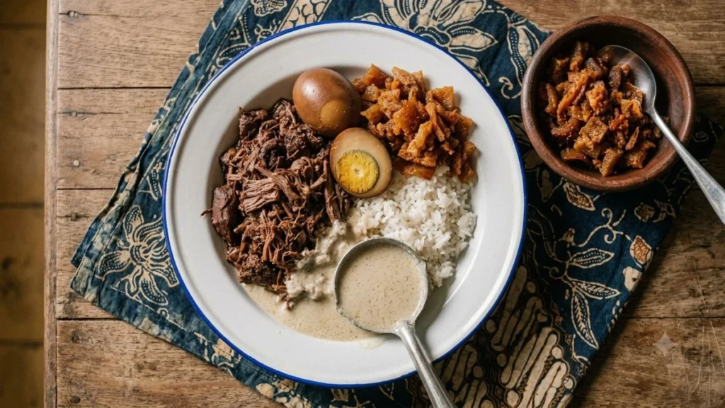 Traditional Yogyakarta food gudeg served with rice egg and krecek on an enamel plate