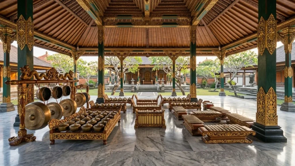 Yogyakarta for families gamelan instruments inside Kraton Yogyakarta palace pavilion in morning light