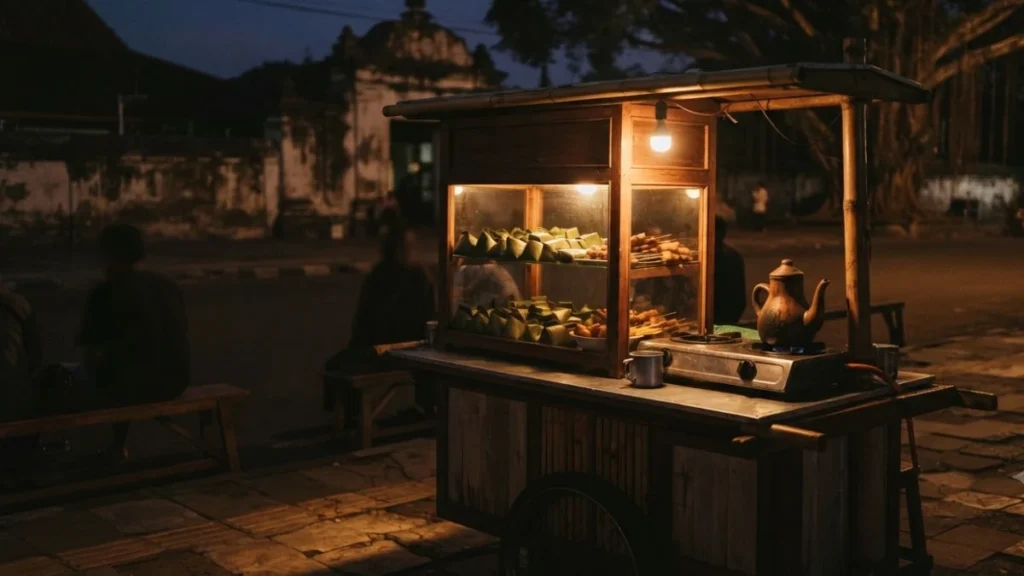 Yogyakarta nightlife angkringan cart glowing at evening near the Kraton area with seated locals