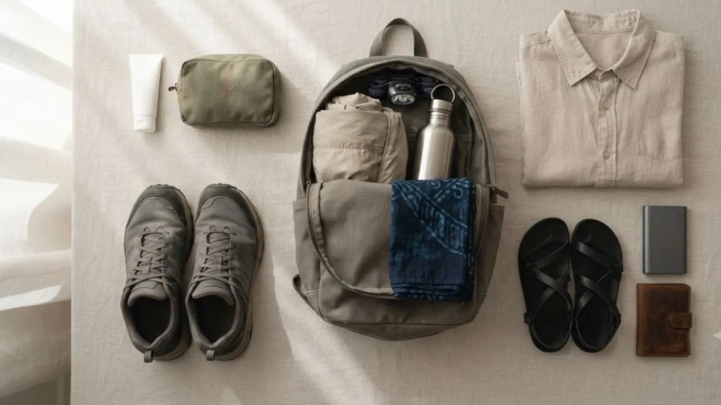 Yogyakarta packing list flat lay with daypack scarf sunscreen and travel essentials on neutral background