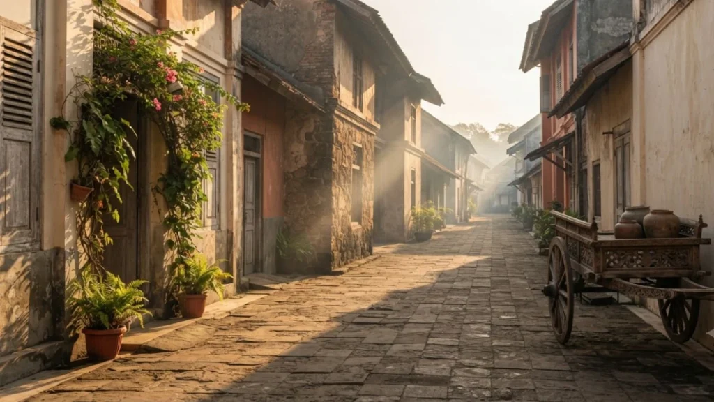 Yogyakarta photography morning light in a traditional Kotagede lane with colonial shophouse facades and stone paving