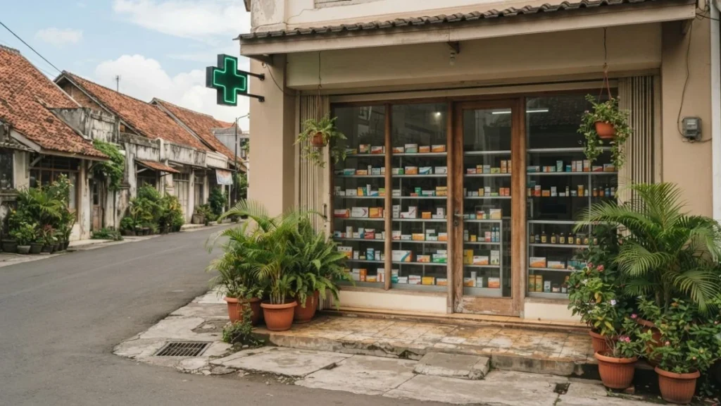 Yogyakarta safety resource — a clean apotek pharmacy shopfront on a residential street for traveler healthcare needs