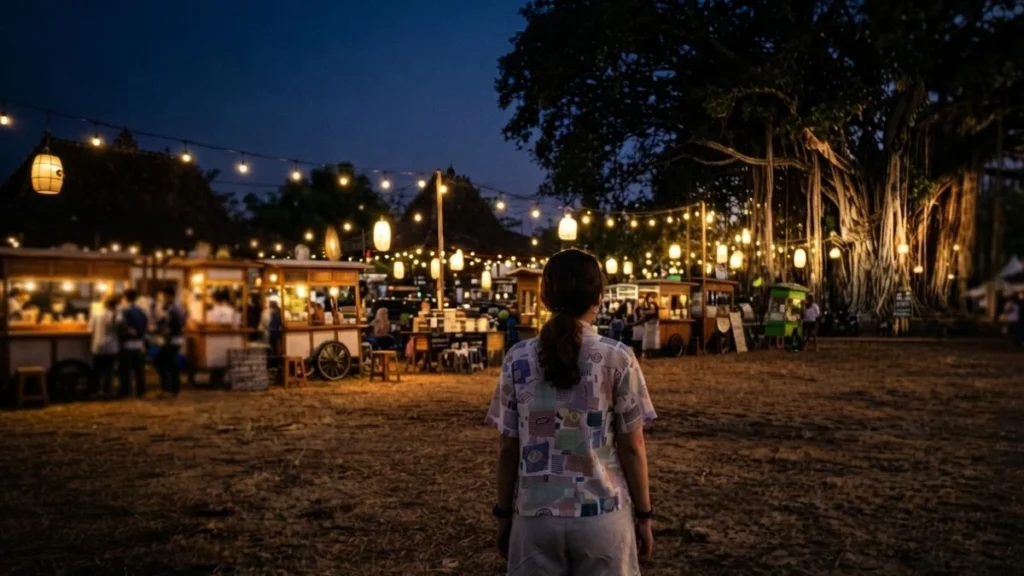 Visitors attempting Alun-Alun Kidul Masangin walk between twin banyan trees at night
