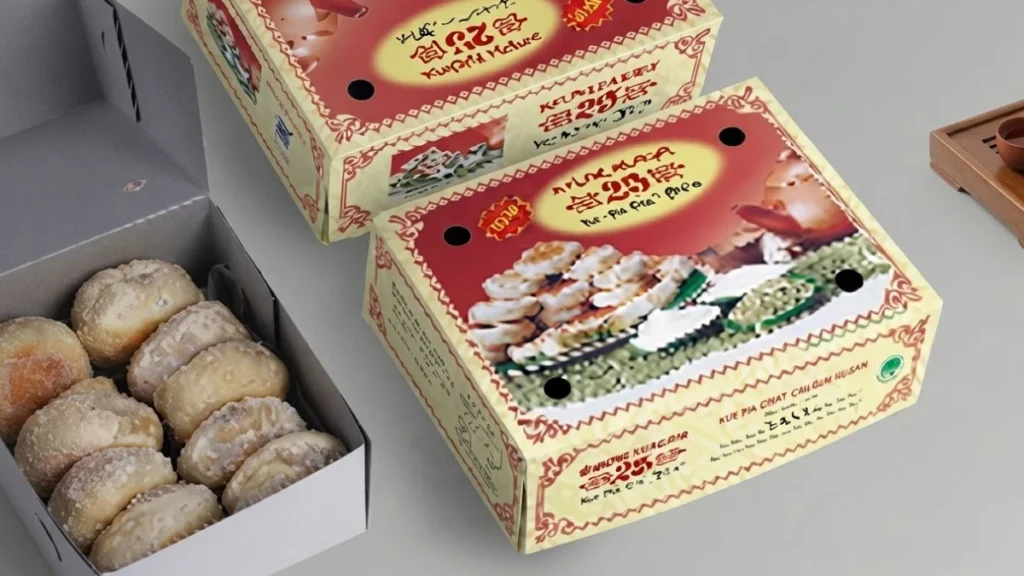Bakpia Pathok souvenir boxes and pastries displayed at a Yogyakarta shop