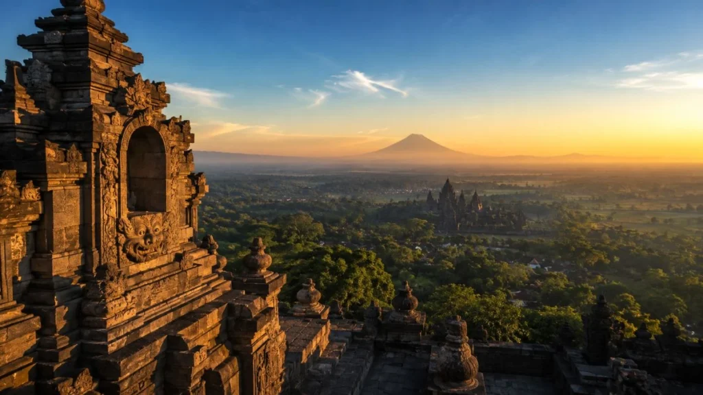 Candi Ijo Yogyakarta ancient Hindu temple on hilltop with panoramic sunset view across the Prambanan plain
