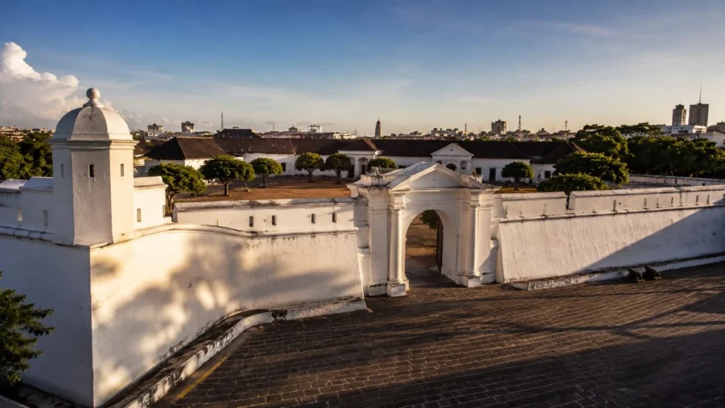 Fort Vredeburg Yogyakarta Dutch colonial fortress entrance gate and whitewashed walls in afternoon light
