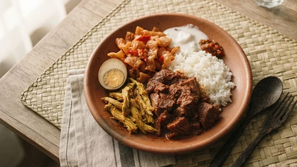 A complete plate of gudeg yogyakarta with rice, jackfruit stew, krecek, and boiled egg