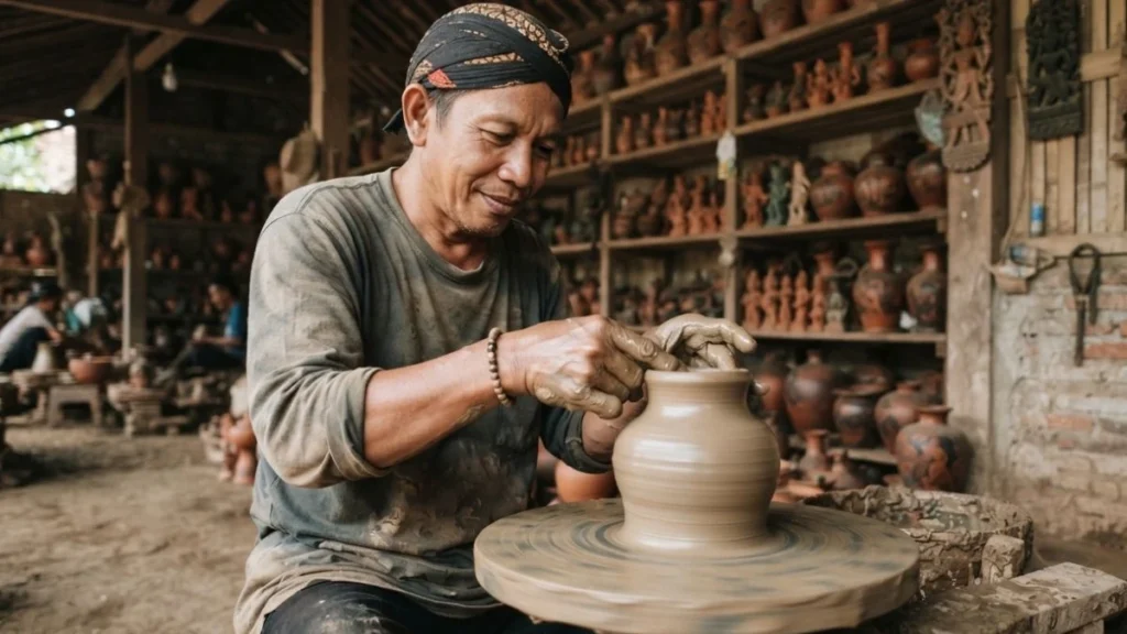 Artisan shaping clay pottery inside a Kasongan Pottery Village workshop