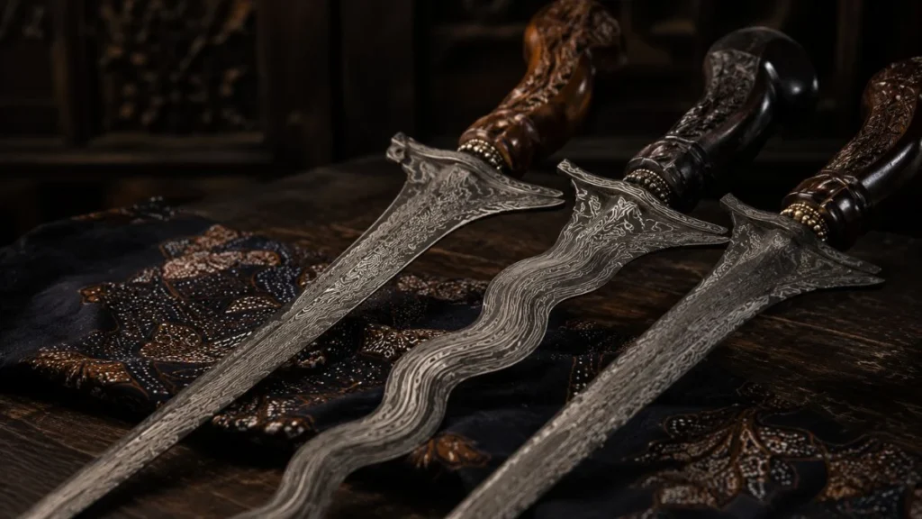Keris Yogyakarta traditional Javanese daggers showing asymmetrical blades and pamor metal pattern detail on dark batik surface