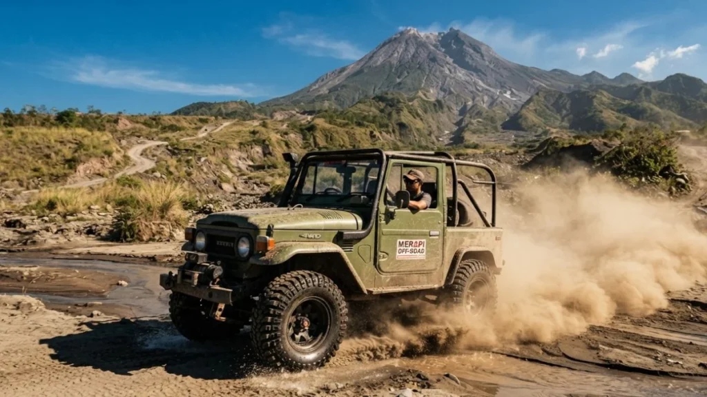 Merapi Lava Jeep Tour vehicle crossing a sand river on the volcano's slopes