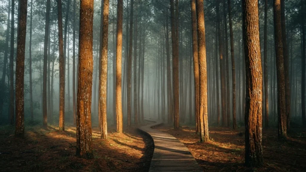 Pine forest Yogyakarta early morning mist between tall Sumatran pine trunks at Hutan Pinus Mangunan boardwalk