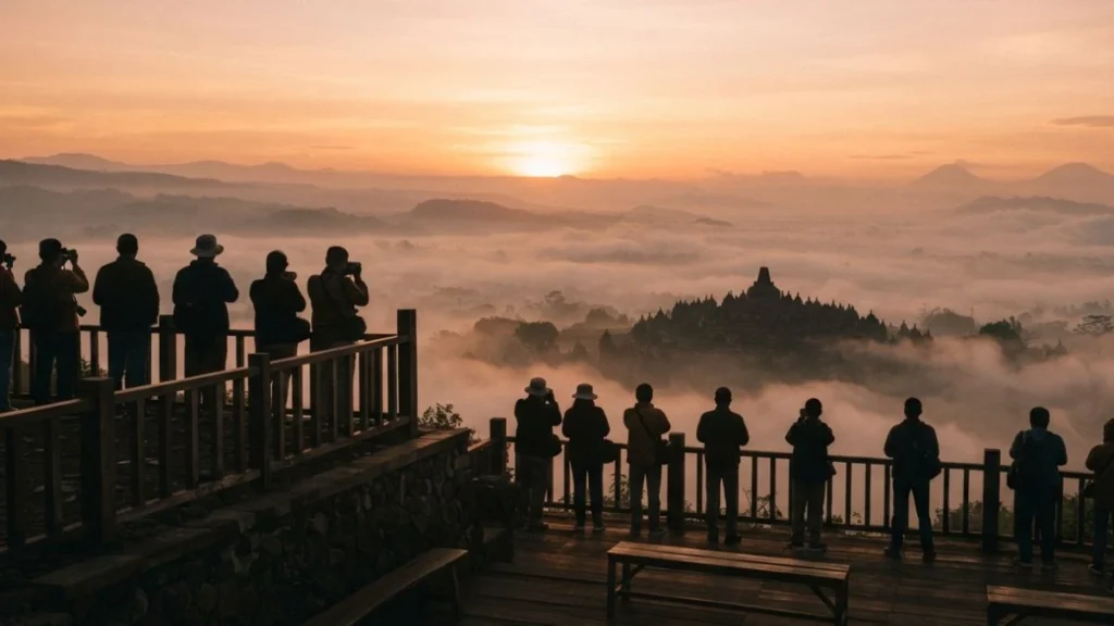 Punthuk Setumbu sunrise view over misty Borobudur Temple in the valley below