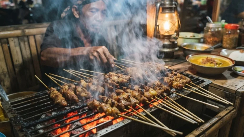 Sate klathak goat satay grilled on metal skewers over charcoal at a Yogyakarta warung
