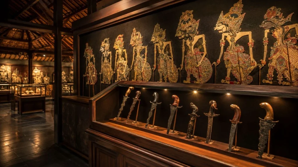 Sonobudoyo Museum Yogyakarta wayang kulit puppet wall display and keris collection in traditional joglo exhibition room