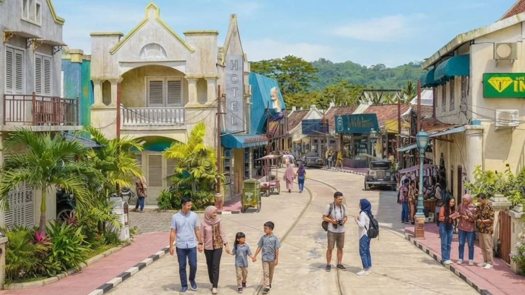 Visitors exploring the Dutch-era fort replica at Studio Alam Gamplong Yogyakarta