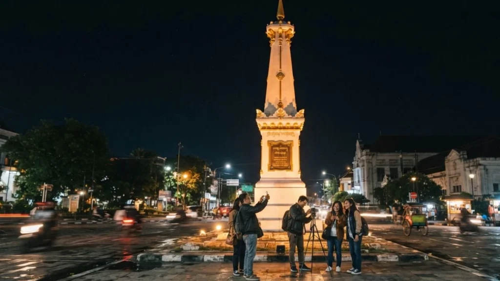 Tugu Jogja monument illuminated at night in the center of Yogyakarta
