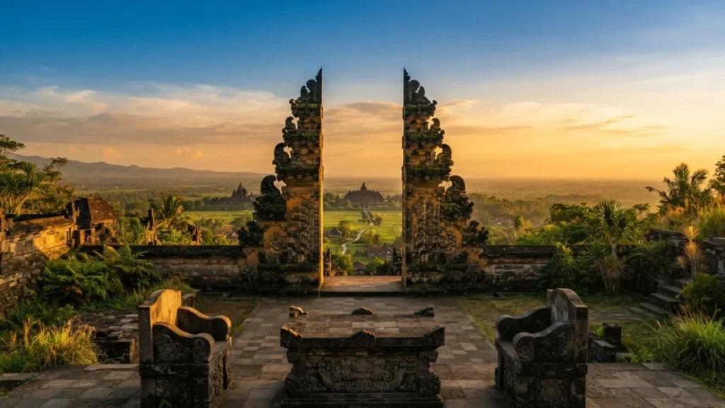 Yogyakarta honeymoon scene at Ratu Boko hilltop gateway with golden sunset view across the Prambanan plain